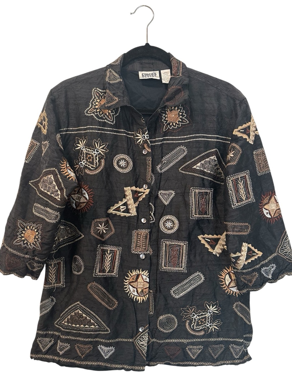 VTG Chico's Design Embroidered Lined Silk  Button Geometric Jacket Black SZ 2